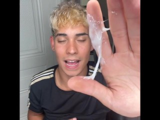 Horny Hot blond boy masturbate and cum juicy load on the wall and show his creamy cum in his hand
